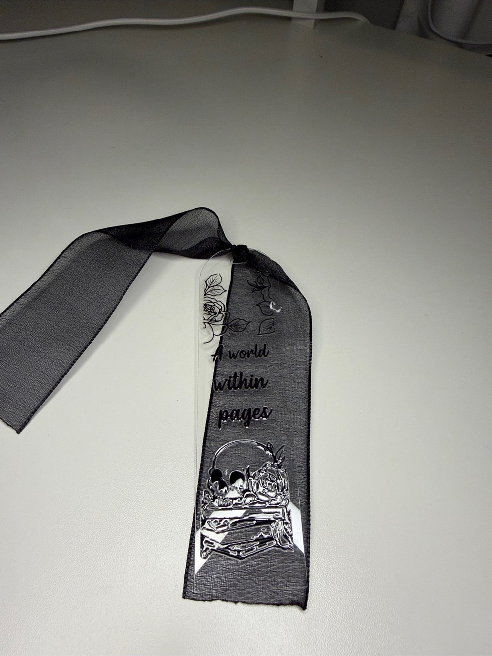 Black Sheer Ribbon bookmark with Printed Floral & Skull Accent